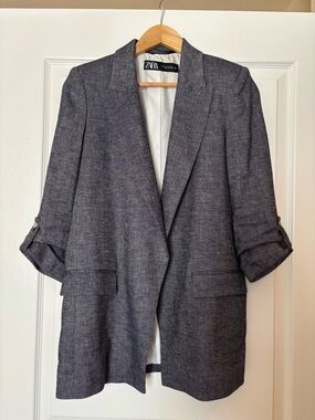 Zara Navy Linen Blend Relaxed Blazer – Size XS – Like New